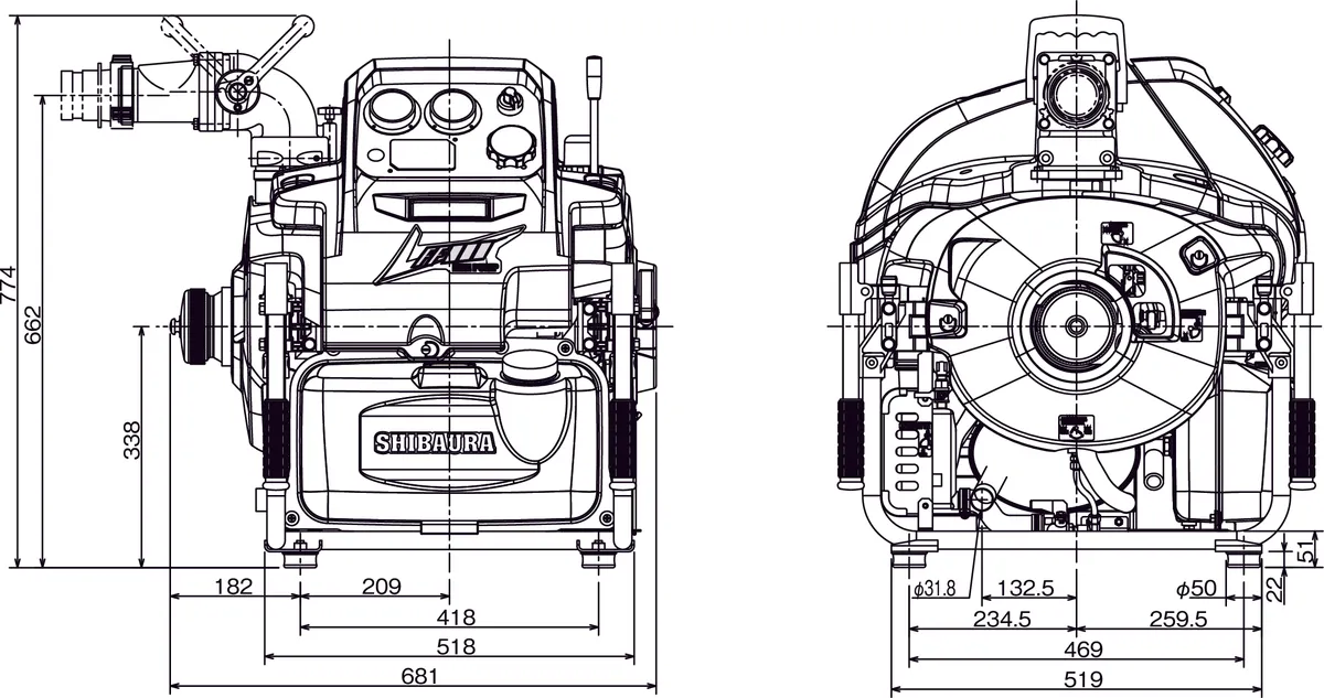 Overall dimensions diagram for the FF500AR-A portable fire pump