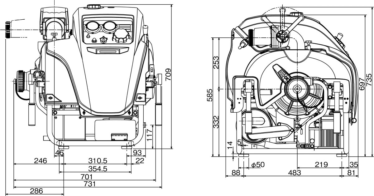 Overall dimensions diagram for the FK500-A portable fire pump