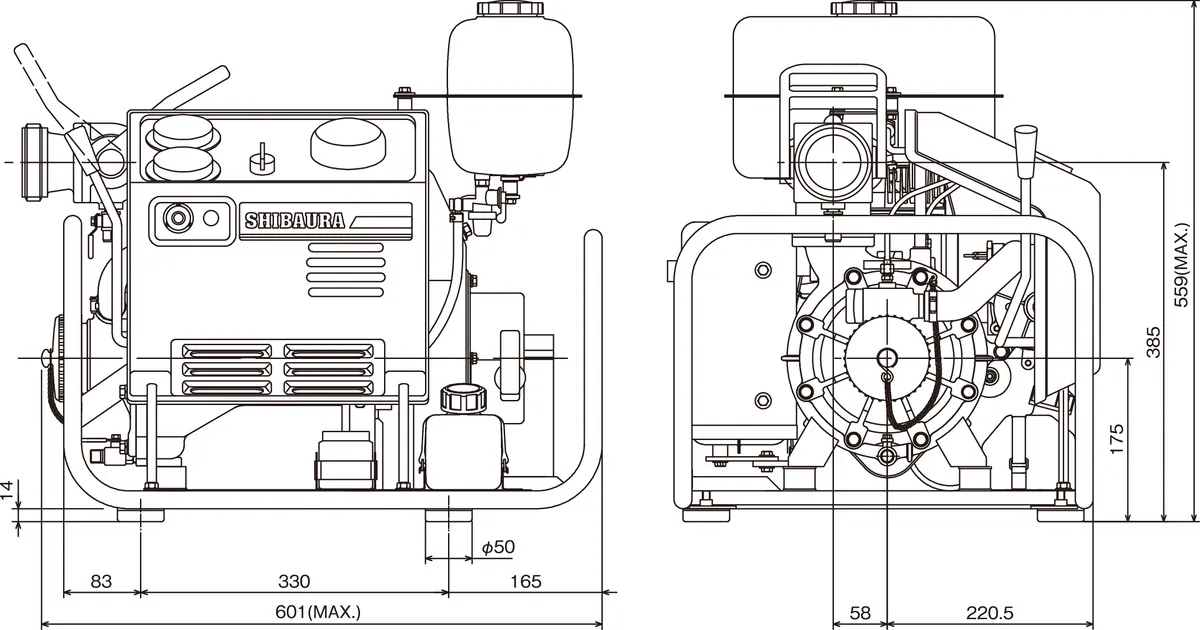 Overall dimensions diagram for the FT300 / 400-A portable fire pump