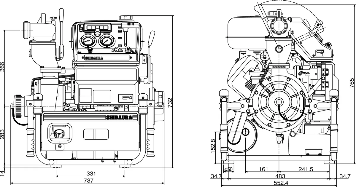 Overall dimensions diagram for the FT510-A portable fire pump
