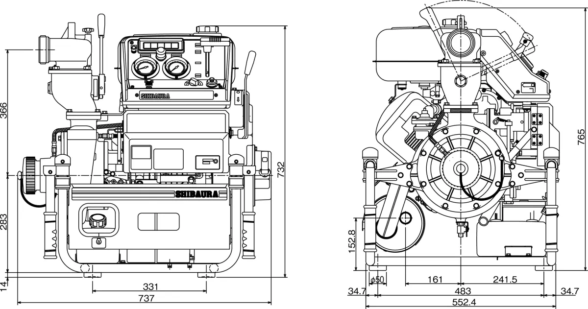 Schéma des dimensions hors tout de la pompe incendie portable FT510-A