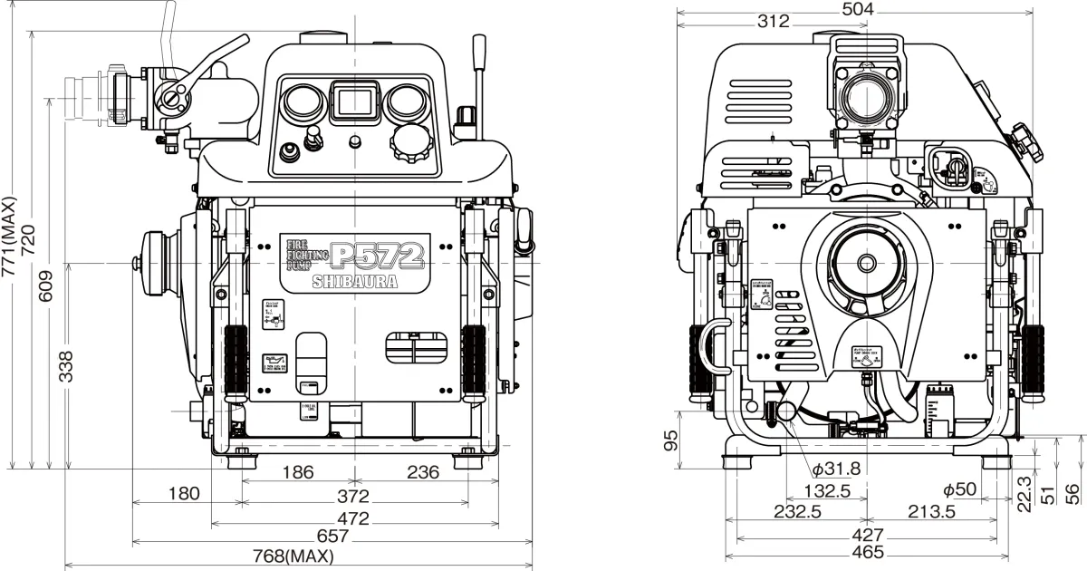 Overall dimensions diagram for the P572S-A portable fire pump
