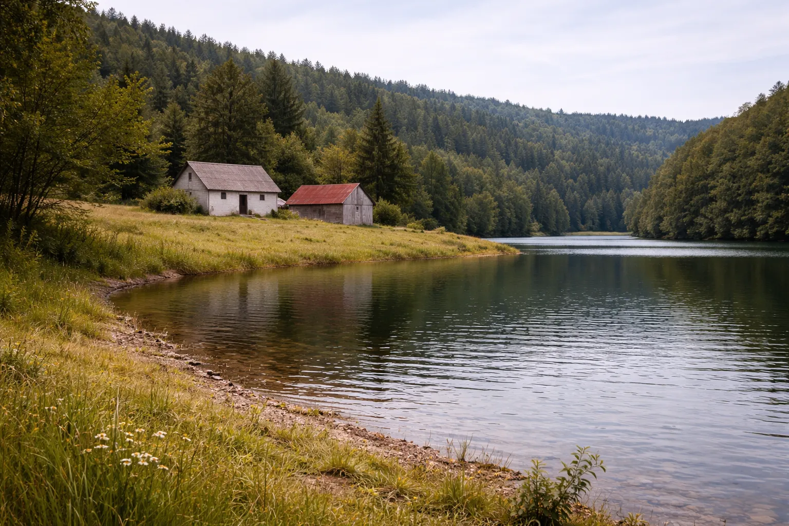 Rural lake water source near remote structures for portable fire pump drafting