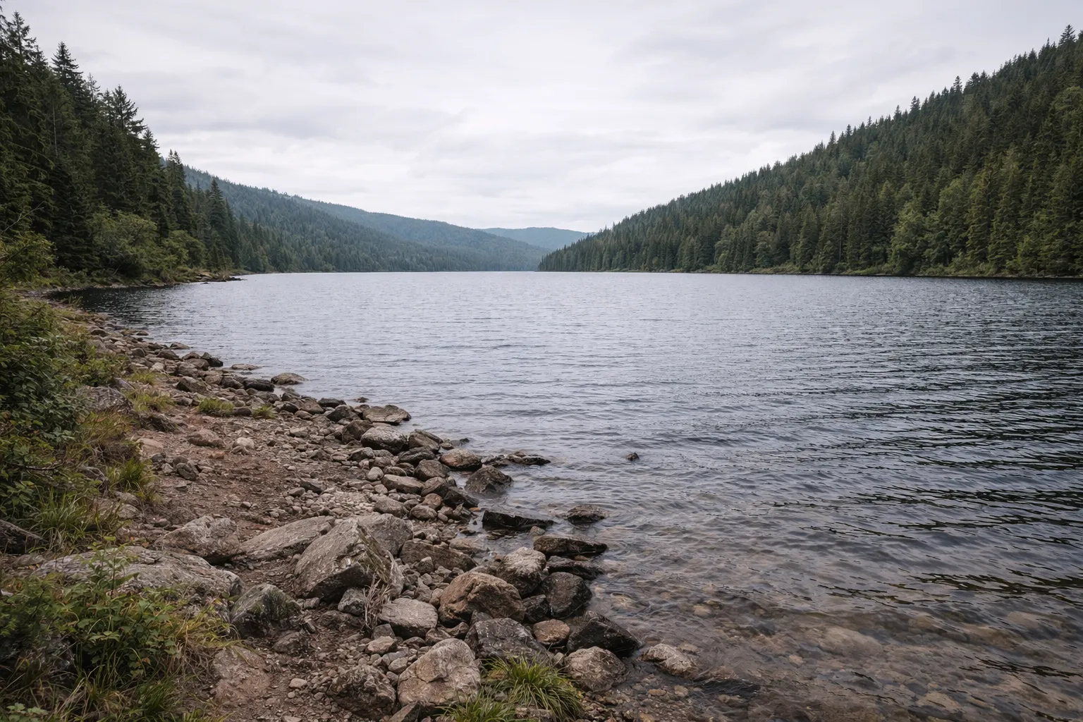 Natural lake water source in forest terrain for wildland portable fire pump deployment