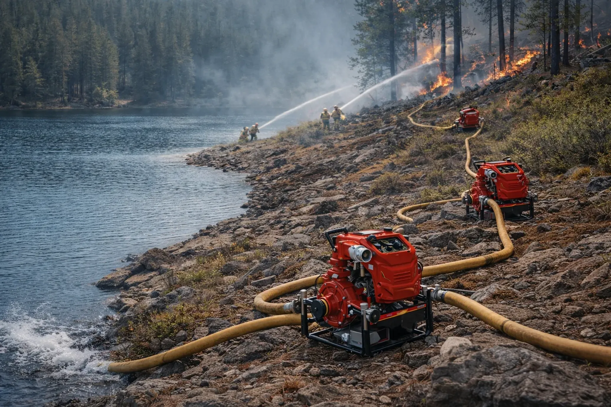 Long-distance relay pumping with portable fire pumps
