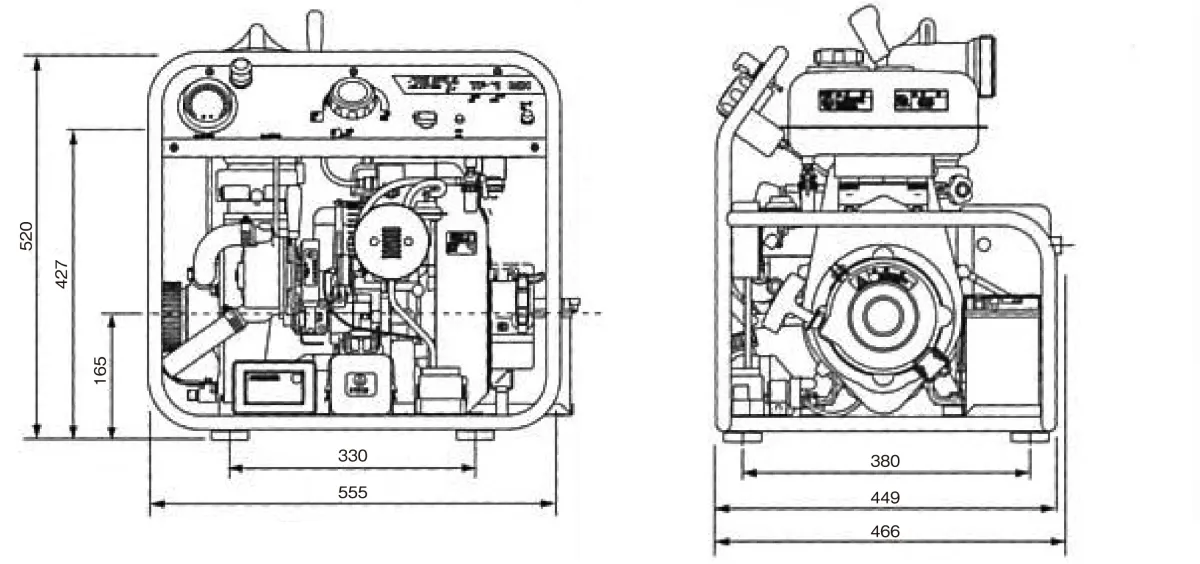 Schéma des dimensions hors tout de la pompe incendie portable TF516MH-AB
